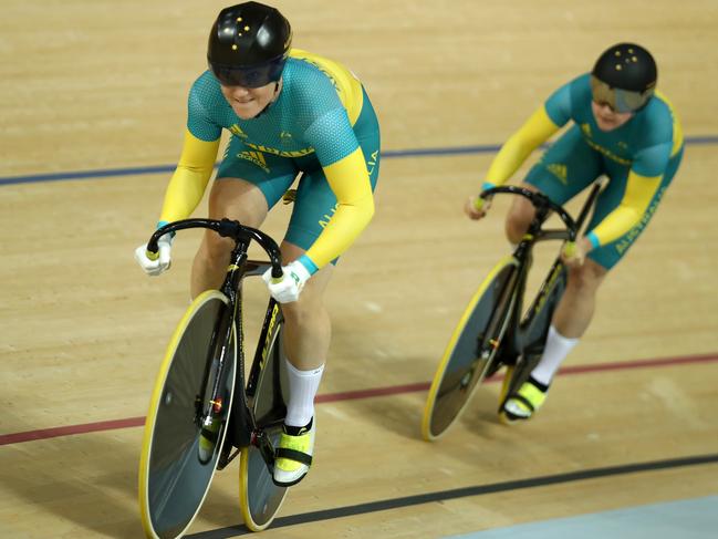 RIO DE JANEIRO, BRAZIL - AUGUST 12: Anna Meares (L) and Stephanie Morton (R) of Team Australia competes in the Women's Team Sprint Qualifying on Day 7 of the Rio 2016 Olympic Games at the Rio Olympic Velodrome on August 12, 2016 in Rio de Janeiro, Brazil. (Photo by Bryn Lennon/Getty Images)