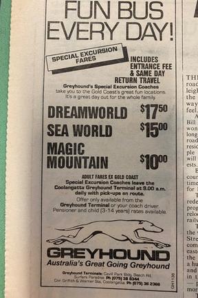 A bus trip to the Gold Coast’s theme parks was cheap! Advertisements from the Gold Coast Bulletin, July 1985