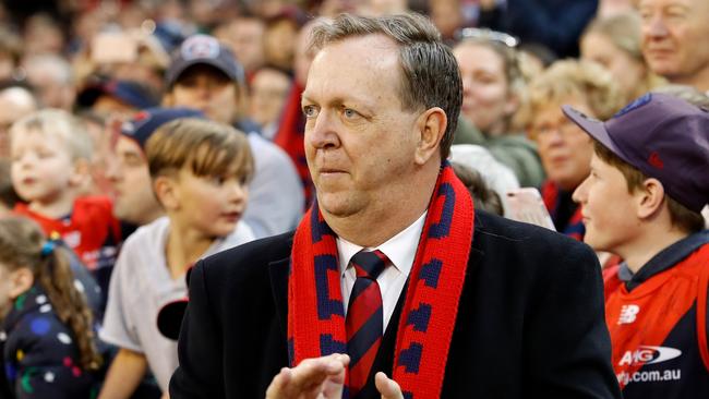 MELBOURNE, AUSTRALIA - AUGUST 26: Demons president Glen Bartlett celebrates the club making the finals during the 2018 AFL round 23 match between the Melbourne Demons and the GWS Giants at The Melbourne Cricket Ground on August 26, 2018 in Melbourne, Australia. (Photo by Adam Trafford/AFL Media)