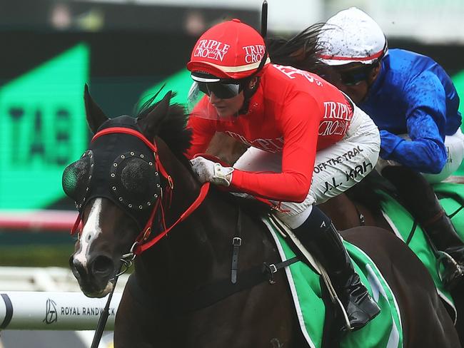 SYDNEY, AUSTRALIA - APRIL 20: Jamie Kah riding Mazu wins Race 5 Hall Mark Stakes during Sydney Racing at Royal Randwick Racecourse on April 20, 2024 in Sydney, Australia. (Photo by Jeremy Ng/Getty Images)