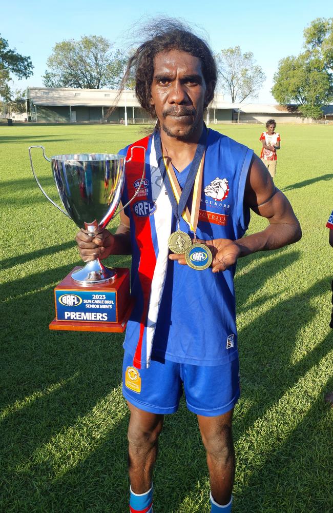 Ngukurr Bulldogs player Cedric Robertson won the 2023 Morris Medal for a best on ground performance in the Big Rivers grand final. Picture: Grey Morris