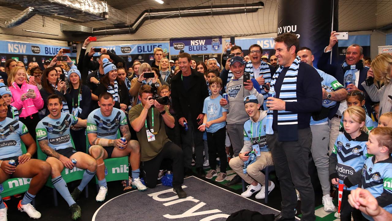 Statesman: Blues coach Brad Fittler addresses the players in the NSW sheds