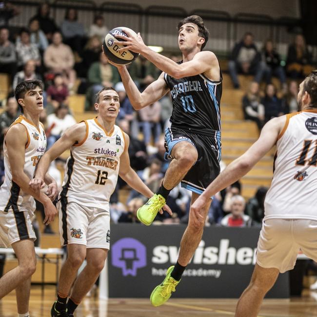 Basketball. Hobart Chargers v North West Thunder NBL1 season opener. Chargers Elijah Pawson on attack. Picture: Eddie Safarik