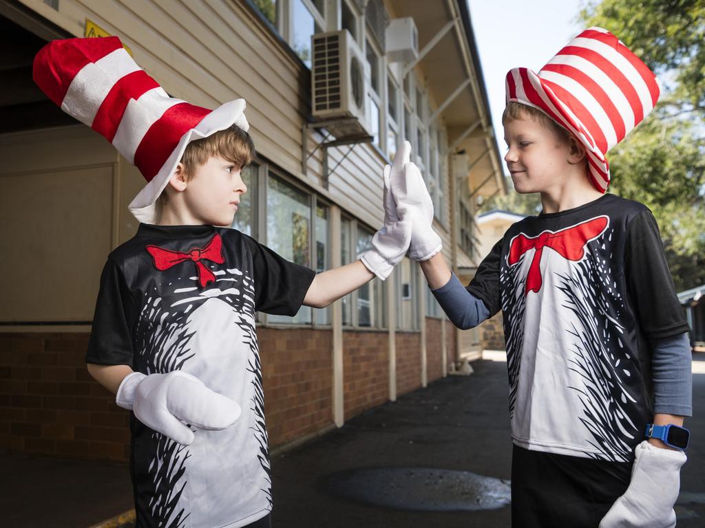 Ryan Allen (left) and Henry Bohm as The Cat in the Hat for Book Week at Rangeville State School, Friday, August 25, 2023. Picture: Kevin Farmer