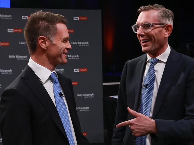 **Embargoed for The Daily Telegraph***.22, March, 2023., NSW Labor leader, Chris Minns, and NSW Premier Dominic Perrottet, meet at the start of The NSW PeopleÃ•s Forum. Sky News televised debate, at Penrith Panthers Rugby Leagues Club, Penrith, tonight., , Picture: Justin Lloyd.