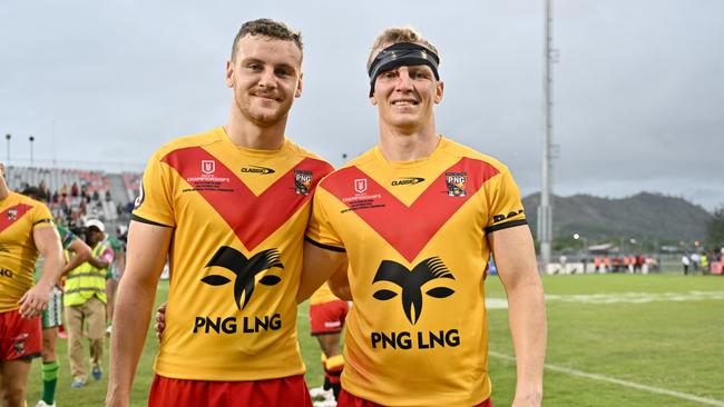 North Queensland Cowboys player Zac Laybutt with brother Kyle Laybutt of the Townsville Blackhawks for Papua New Guinea during the 2023 Pacific Championship. Picture: NRL Imagery