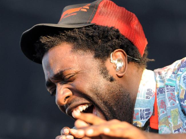 Kele Okereke, singer of the indie rock band Bloc Party performs on stage during the 21st edition of the Vieilles Charrues music festival on July 20, 2012 in Carhaix-Plouguer, western France. The event takes place until July 22, 2012. AFP PHOTO FRED TANNEAU