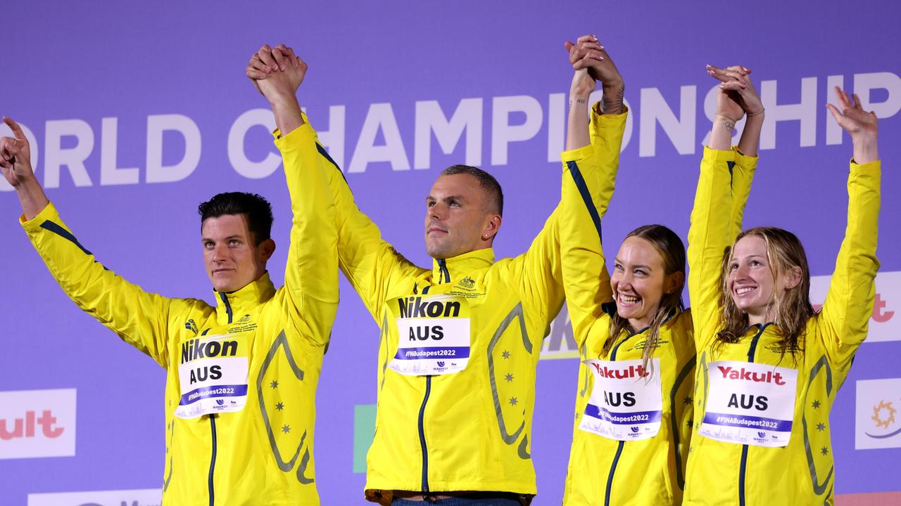 Gold medallists Jack Cartwright, Kyle Chalmers, Madison Wilson and Mollie O'Callaghan. Photo by Maddie Meyer/Getty Images.