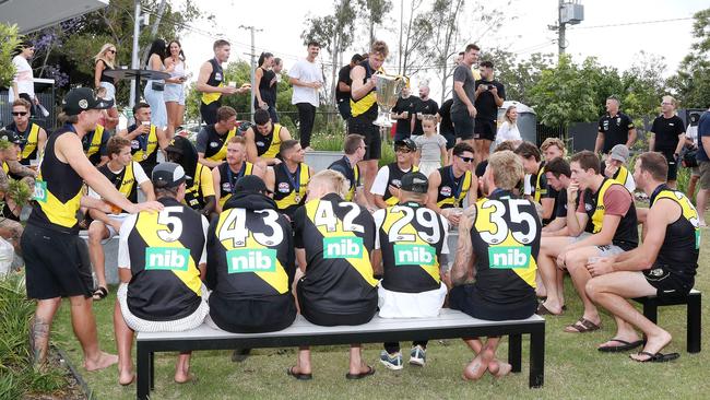 Richmond players celebrate their premiership at their hub location on the Gold Coast. Picture: Sarah Reed