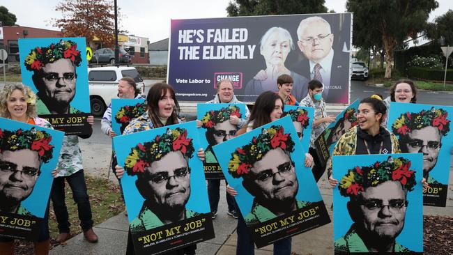 Protesters outside the Beveridge Community Centre in Victoria, waiting for Scott Morrison to arrive. Picture: Jason Edwards