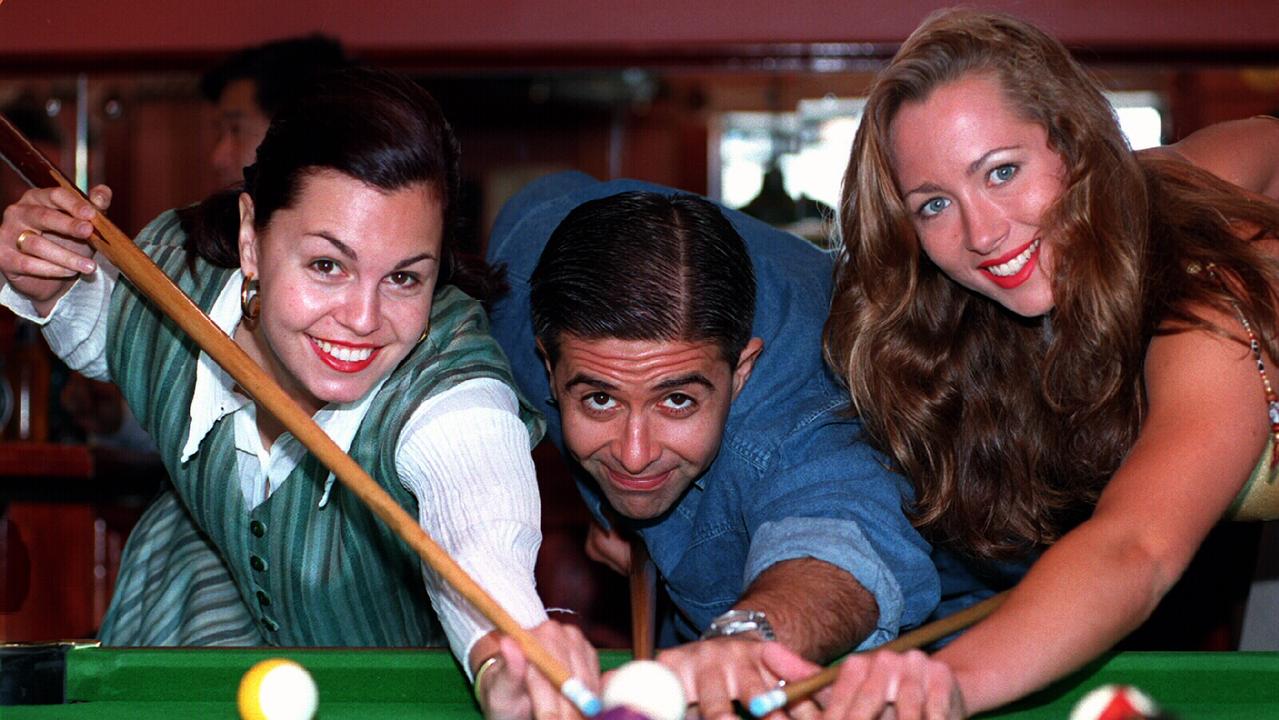 "Kelly from the Tele", Katherine Hynes (L) comedian Vince Sorrenti &amp; Penthouse Pet Kristie Moore at Jacksons on George for celebrity pool competition 23/11/94. Sorrenti/Comedian P/ Billiards / Snooker