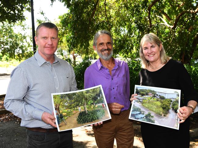 Design for new car park , Minister Eva Lawler with Minister Paul Kirby and Director of Clouston Associates Tony Cox hold a press conference regarding  the proposal of new green space in Darwins CBD . Picture Katrina Bridgeford.