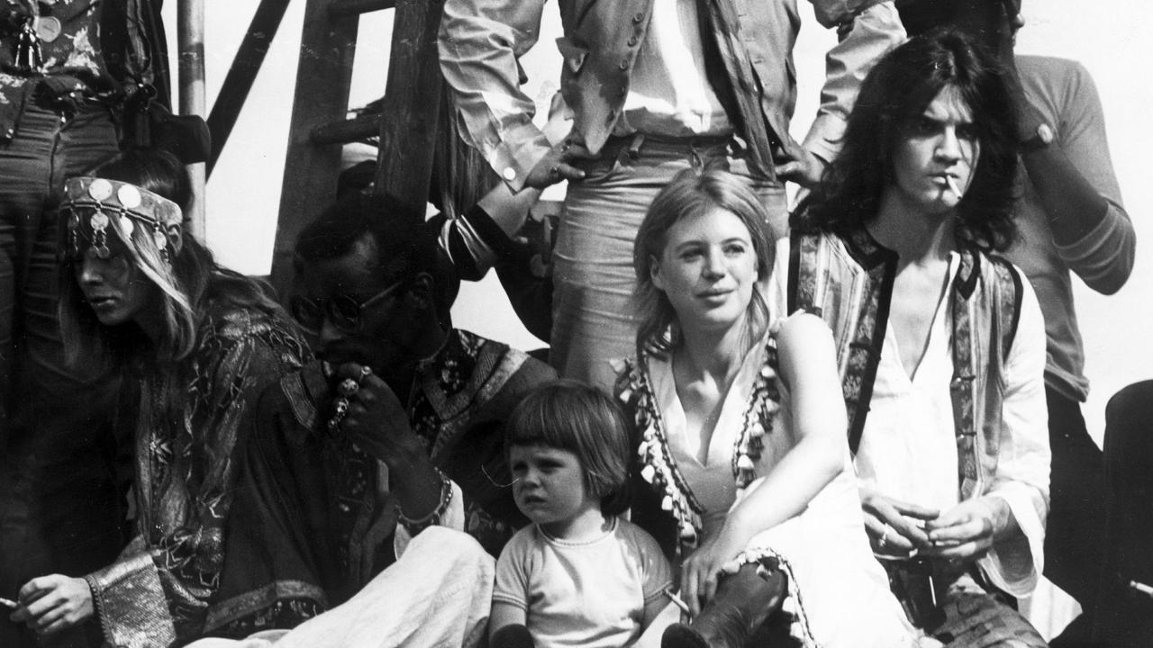 Faithfull at a Rolling Stones concert 1969 with son Nicholas, Hyde Park, London.