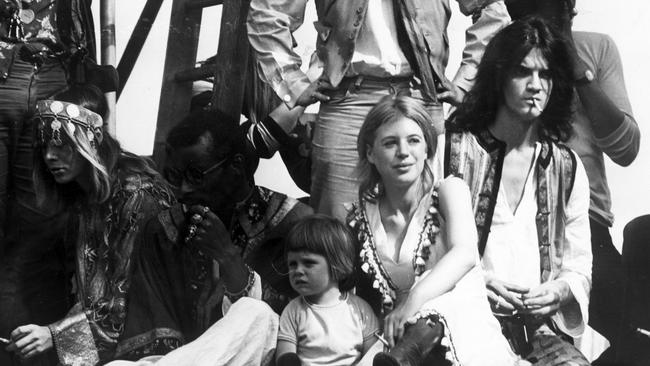 Faithfull at a Rolling Stones concert 1969 with son Nicholas, Hyde Park, London.