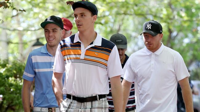 Crows Paul Seedsman, Jake Lever and Kyle Cheney arrive for their end of season lunch. Picture: Calum Robertson