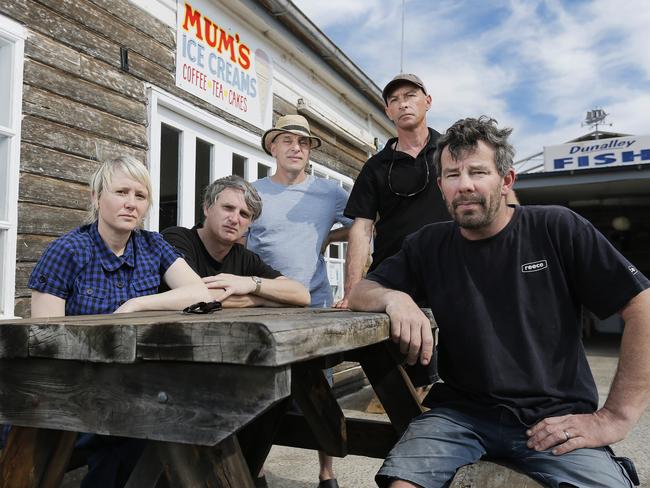 Michelle Boyde, left, David Patman, Adrian Mathews, Nick Wood, and Rob Westland are among many Dunalley residents disgruntled about their serenity being shattered by 30 plane flights going overhead each day. Picture: MATHEW FARRELL