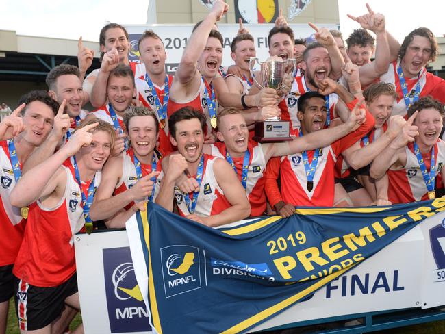 Red Hill players celebrate winning the 2019 MPNFL Division 2 premiership. Picture: Chris Eastman