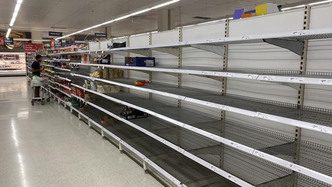 Empty shelves were a common sight in supermarkets when the pandemic kicked off in March. Picture: AAP Image/Richard Gosling