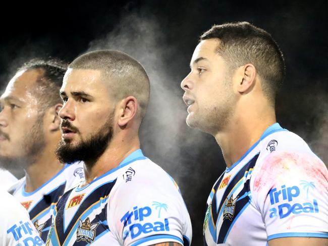 Steam rises from Nathan Peats and Jarryd Hayne last month at Campbelltown Stadium. Picture: Mark Evans