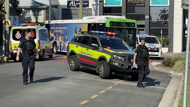 A woman remains in hospital following a serious pedestrian and bus crash at Southport on Monday. Picture: Charlton Hart