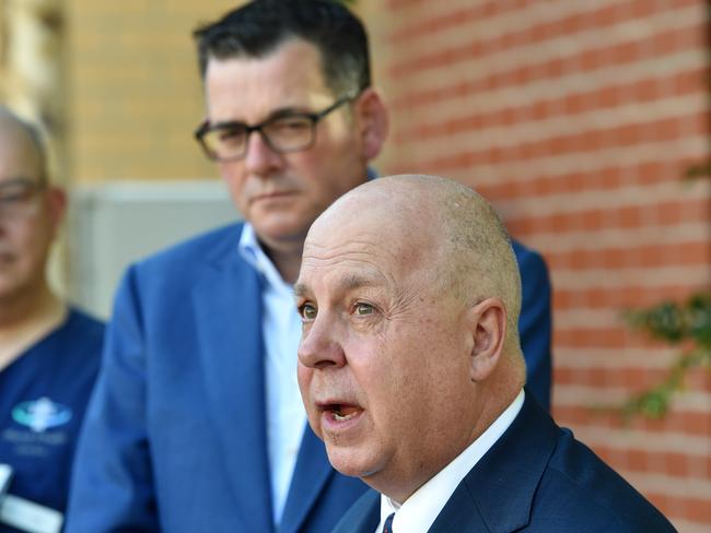 MELBOURNE, AUSTRALIA - NewsWire Photos MARCH 14TH, 2023: Victorian Treasurer Tim Pallas, speaks at a press conference, with Premier Daniel Andrews, at the Werribee Mercy Hospital. Picture : NCA NewsWire / Nicki Connolly