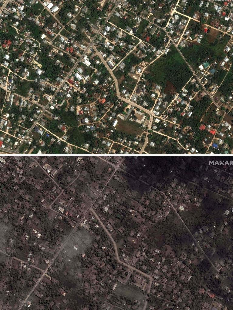 Residential homes and buildings in an area of Tonga on December 19, 2021 (top picture) and the same area on January 18, 2022, covered in ash following the eruption. Picture: AFP