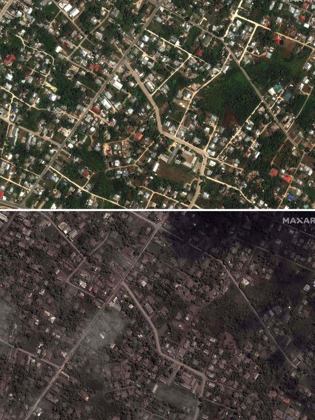 Residential homes and buildings in an area of Tonga on December 19, 2021 (top picture) and the same area on January 18, 2022, covered in ash following the eruption. Picture: AFP