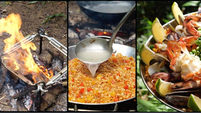 8/14Go Spanish with campfire paella
Paul T: “Use metal hardwares to make a pan rack. Spanish Seafood Paella.”The recipe is here. Picture: Camping Recipes - Camp Oven/Weber/BBQ/Dream Pot etc / Paul T