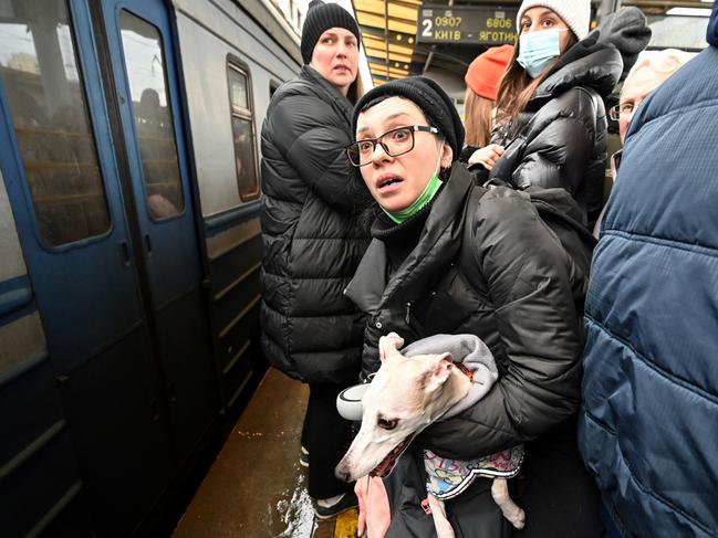 People try to get an evacuation train at Kyiv train station. Picture: AFP