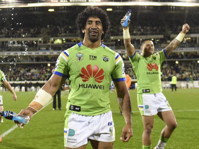 Sia Soliola celebrates after the Raiders defeated the Penrith Panthers last weekend.