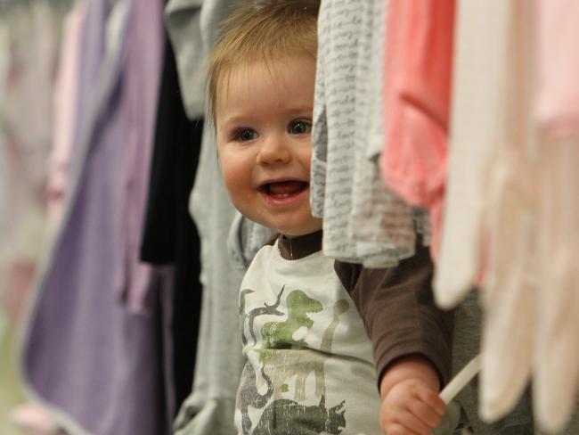 SA woman Hazel Vandeleur, Saddleworth with her son Jack, 9 months, shopping for baby clothes at 'Baby Bunting' store in Gepps Cross.