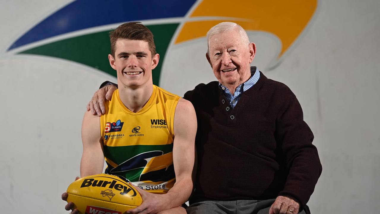 Eagles player Luke Beecken with his grandfather and legendary SA football administrator John Condon. Picture: Keryn Stevens