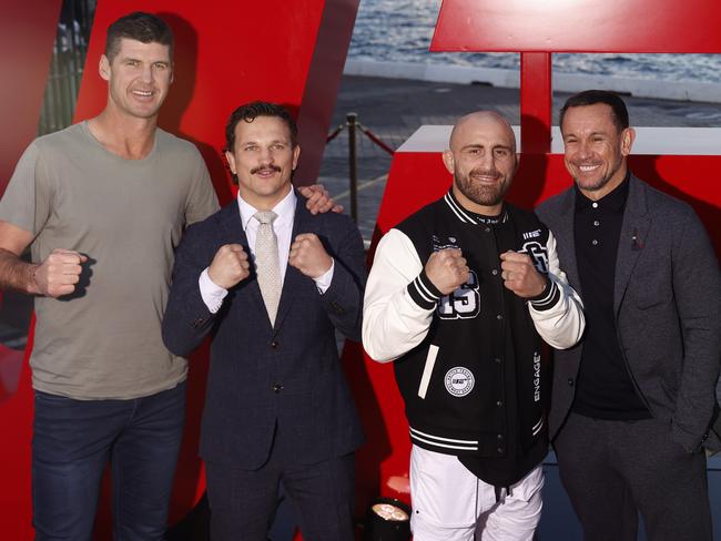 Jonathan Brown with UFC fighters Jack Jenkins and Alex Volkanovski, and Matty Johns. Picture: Jonathan Ng