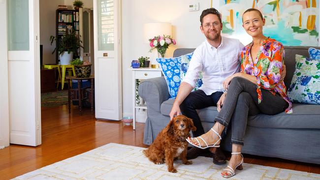 Antonia and Korian Strakosch at their St Kilda East apartment. Picture: Mark Stewart