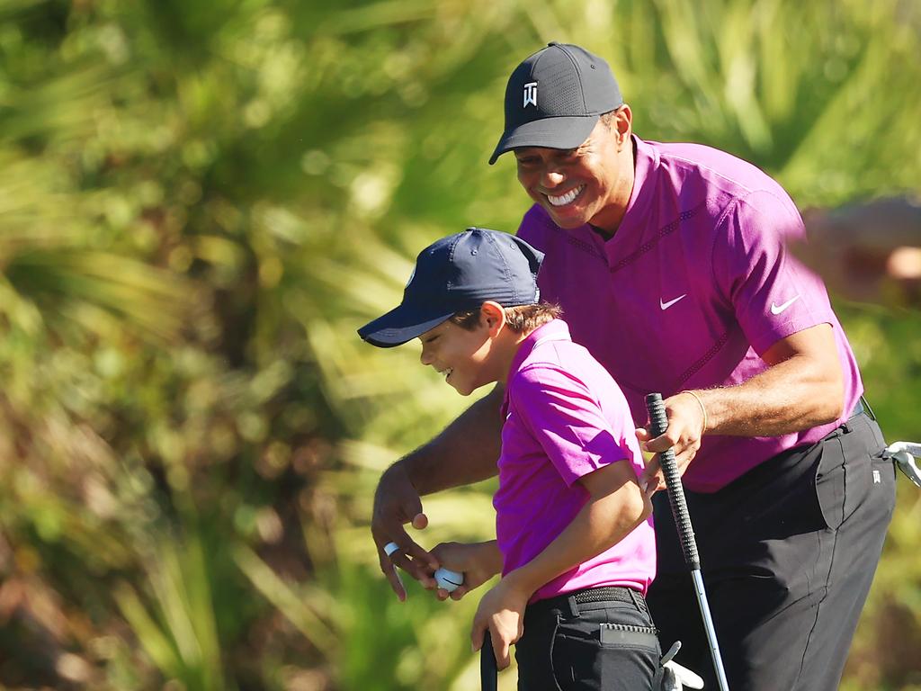 Tiger Woods with his son Charlie. (Photo by Mike Ehrmann/Getty Images)