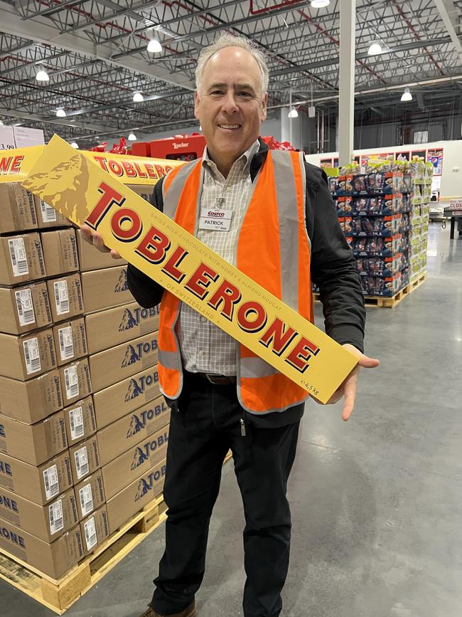 Costco Australia &amp; New Zealand Managing Director Patrick Noone with a 4.5kg bar of Toblerone ready for sale at the Coomera store. Picture: Keith Woods.