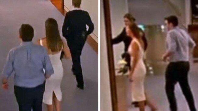 CCYV shows Bruce Lehrmann and Brittany Higgins entering Parliament House, Canberra. Pictures: Seven Spotlight