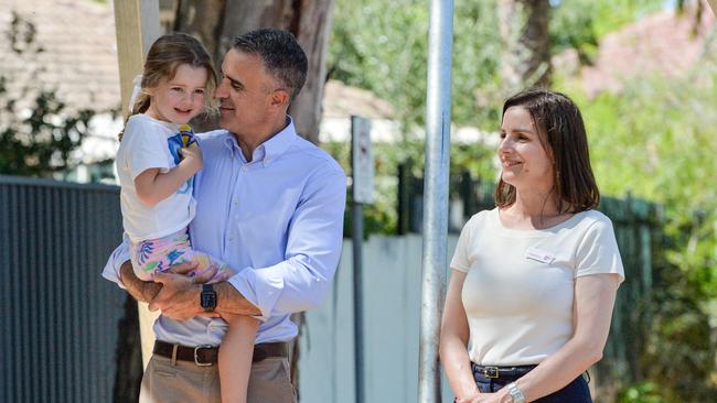 Premier Peter Malinauskas enjoying the Dunstan Adventure Playground in St Peters with his daughter Eliza and Dunstan candidate Cressida O'Hanlon. Picture: Brenton Edwards