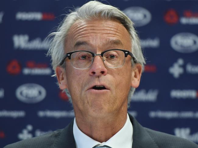 Football Federation Australia CEO David Gallop addresses the media during a press conference in Sydney, Monday, September 11, 2017. Westfield W-League players will receive a significant pay increase and improved employment conditions following a landmark collective bargaining agreement between Football Federation Australia, the Westfield W-League clubs and Professional Footballers Australia. (AAP Image/Dean Lewins) NO ARCHIVING