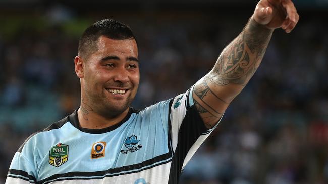 Andrew Fifita celebrates Cronulla’s grand final win.