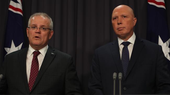 PM Scott Morrison and Home Affairs Minister Peter Dutton speaking at a press conference at Parliament House in Canberra. Picture: Kym Smith