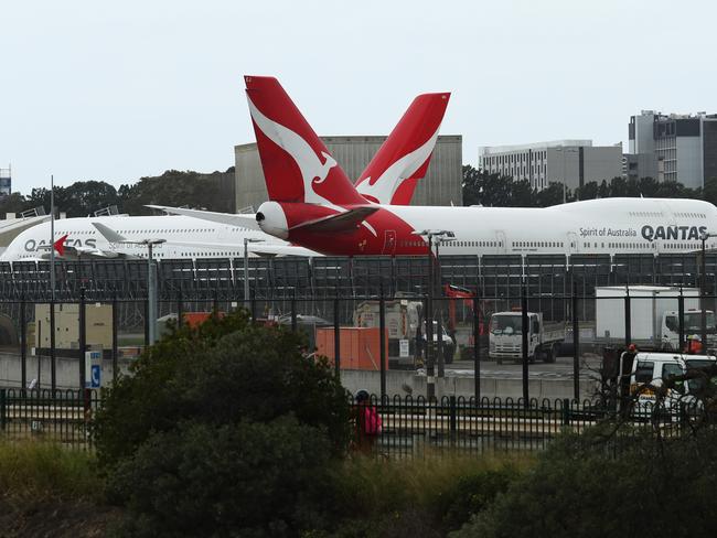 Qantas planes parked at Sydney Airport. Picture: Brett Costello