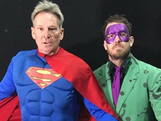 Sam Newman and Dane Swan as Superman and The Riddler at Oz Comic Con at the Melbourne Convention and Exhibition Centre. Picture: Instagram