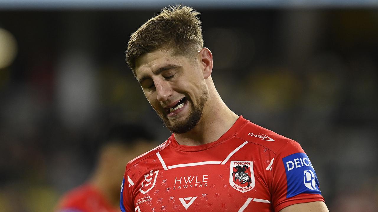 TOWNSVILLE, AUSTRALIA - JUNE 10: Zac Lomax of the Dragons reacts during the round 14 NRL match between the North Queensland Cowboys and the St George Illawarra Dragons at Qld Country Bank Stadium, on June 10, 2022, in Townsville, Australia. (Photo by Ian Hitchcock/Getty Images)