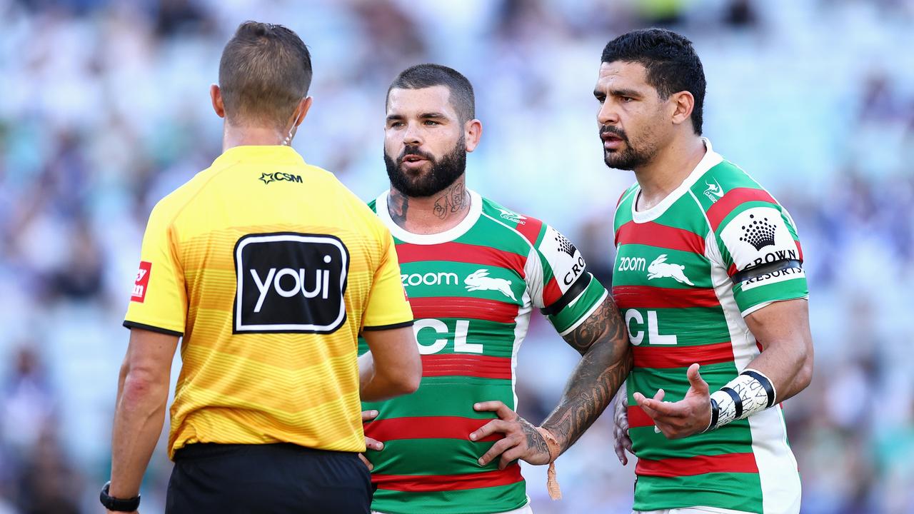 Adam Reynolds and Cody Walker protest during the Bulldogs match. Picture: Cameron Spencer/Getty