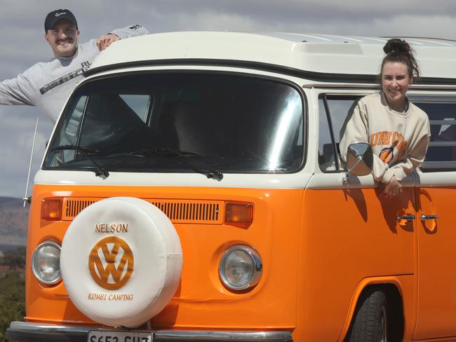 VOICE VAN - Day 3 Friday - In Port Augusta, Port Pirie couple, Brodie Jarmyn and Danica Manfield, both 28, spend some quality time with Nelson. 6 October 2023. Picture Dean Martin