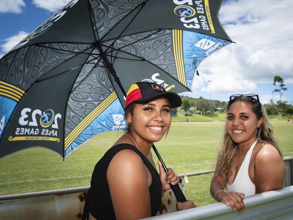 Khatana Roberts (left) and Tia Hinch at the Warriors Reconciliation Carnival women's games at Jack Martin Centre hosted by Toowoomba Warriors, Saturday, January 18, 2025. Picture: Kevin Farmer