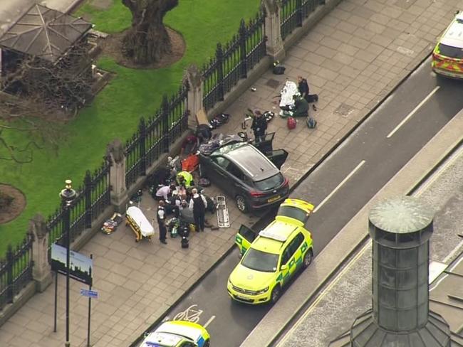 After crossing the bridge the attacker’s car ran down three more people near Big Ben. Picture: ITN via AP