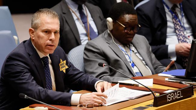 Israeli United Nations Ambassador Gilad Erdan speaks during a Security Council meeting on the Israel-Hamas war at UN headquarters. Picture: AFP