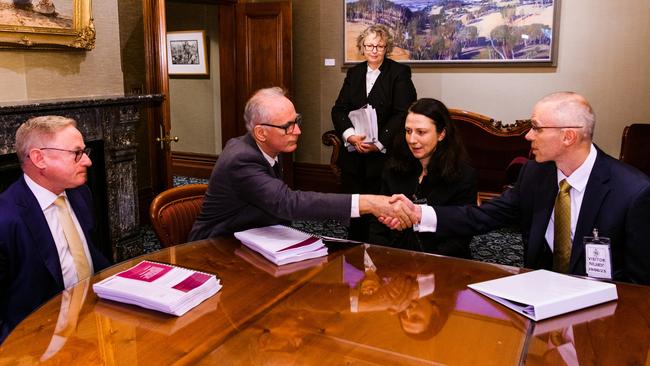 President of the Legislative Council Ben Franklin, The Speaker of the New South Wales Legislative Assembly Greg Piper receive the ICAC report on former NSW Premier Gladys Berejiklian on June 29, 2023. Photo: James Brickwood.